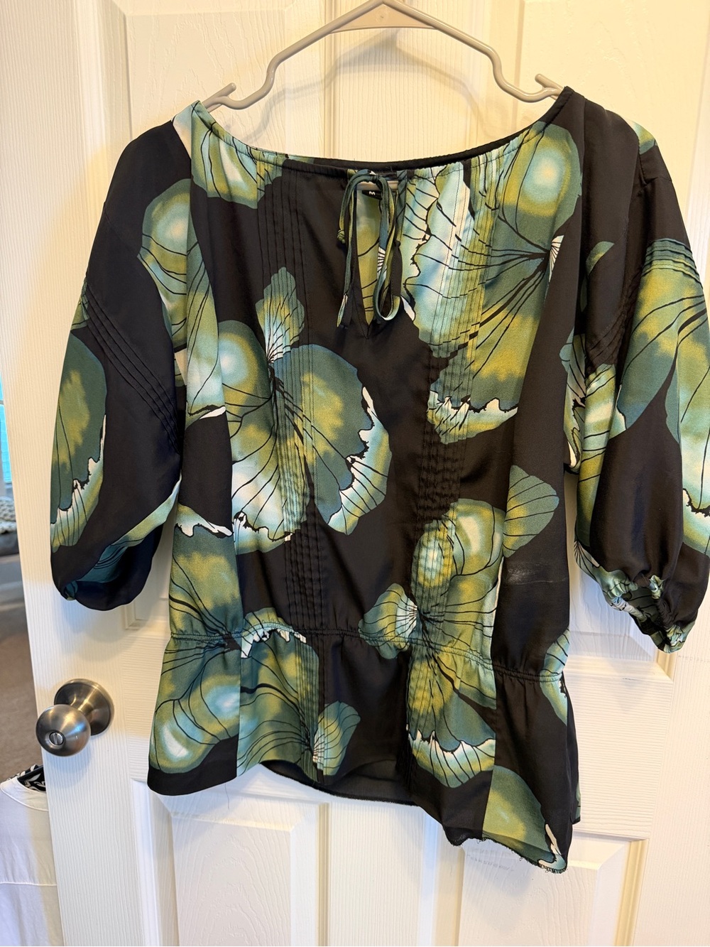 Women's Mossimo Black Floral Peasant Top with Green Blue Print.